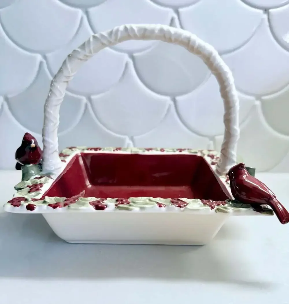 Grasslands Road Cardinal and Holly Berry Ceramic Basket Serving Dish